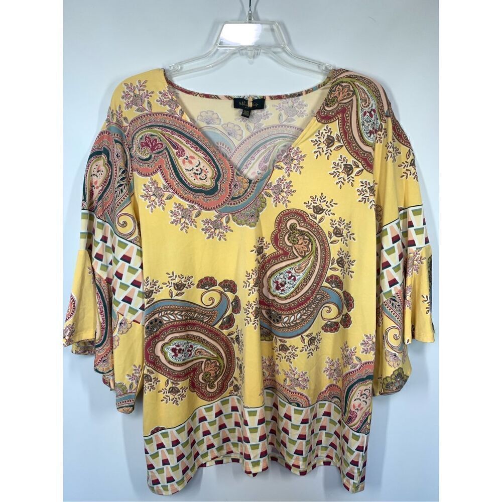 Melissa Paige Women's Paisley V-Neck Bell Sleeve Top Multicolor Size 1X/1X